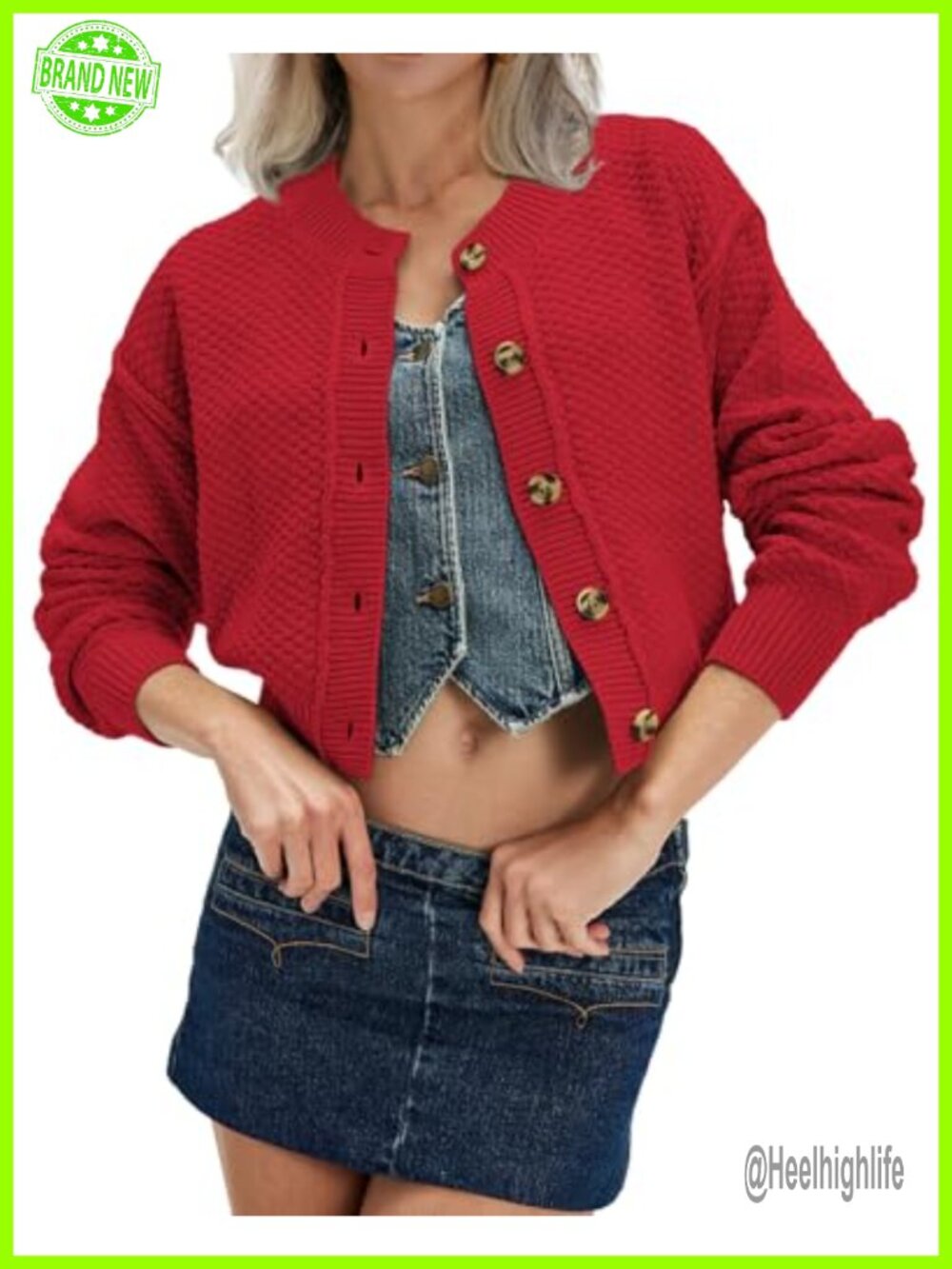 Cropped Cardigan Button Down Knit Sweater Long Sleeve Crew Neck Comfy